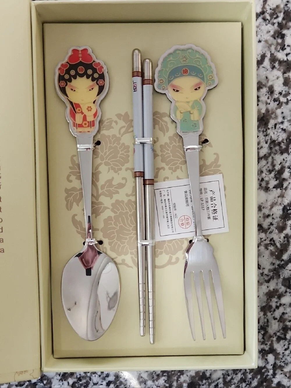Set of Decorative Chopsticks Spoon Fork Peking Opera Enameled Character Accents - Picture 1 of 12